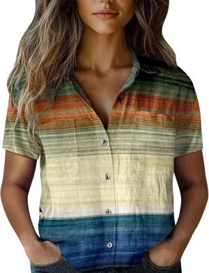 Vintage Boho Tops for Women Floral Print Shirt Casual Short Sleeve Button Up Blouses Short Sleeve Boho Shirts Tops