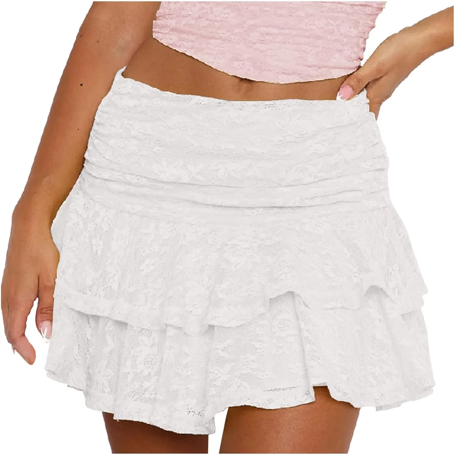 Women Flowy Shorts Skirts High Waist Ruffle Tiered Lace Mini Skirt Summer Cute Layered Casual Beach Travel Outfits