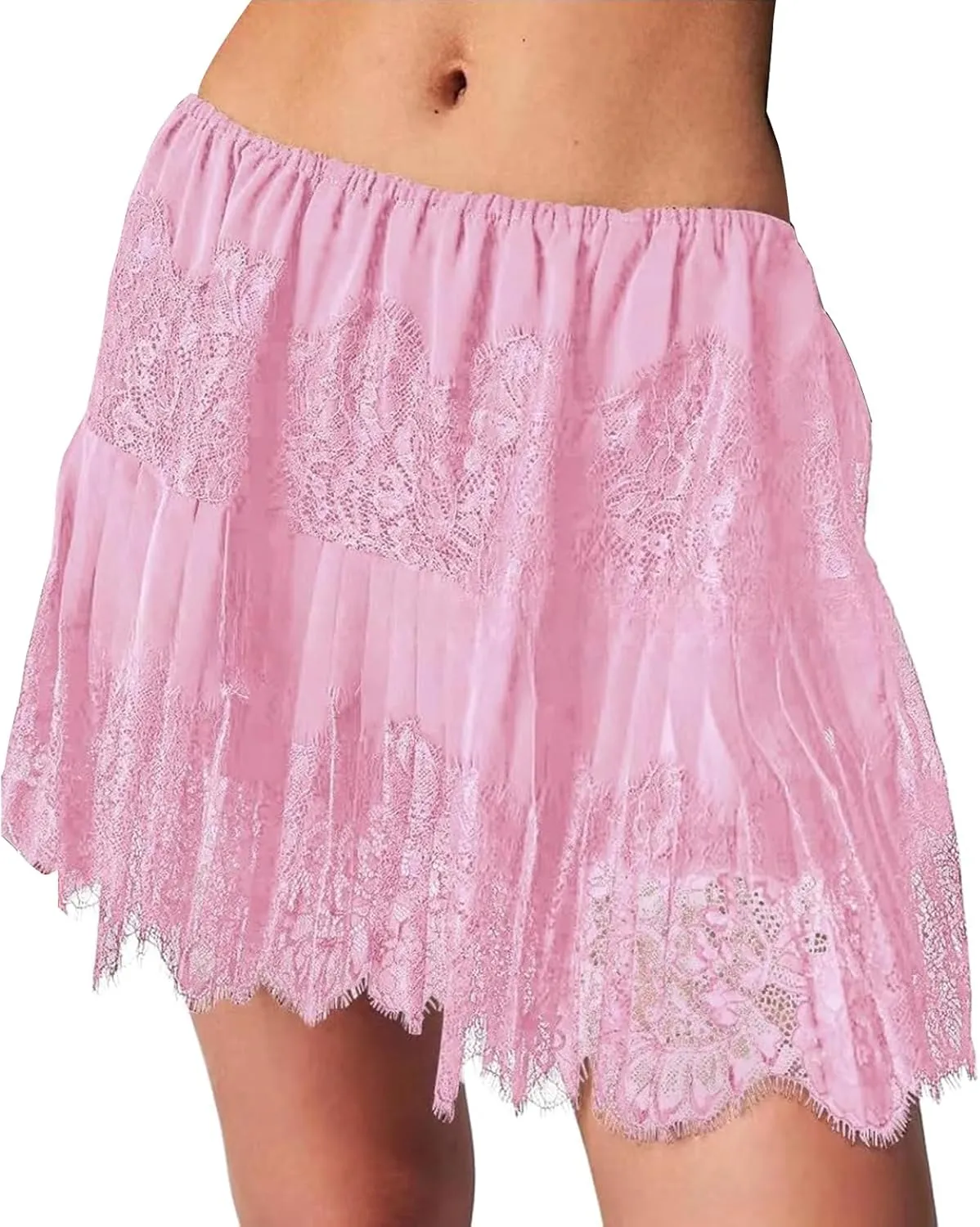 Women Y2k Lace Mini Skirts Low Rise Pleated Ruffle Flowy Skirt Half Slip Asymmetrical Layered Short Skirts Underskirt