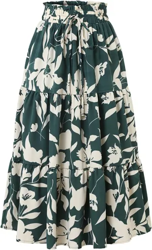Womens Boho Floral Midi Skirts Elastic High Waist Pleated A-Line Flared Skirt Casual Summer Beach Travel Vacation Outfits
