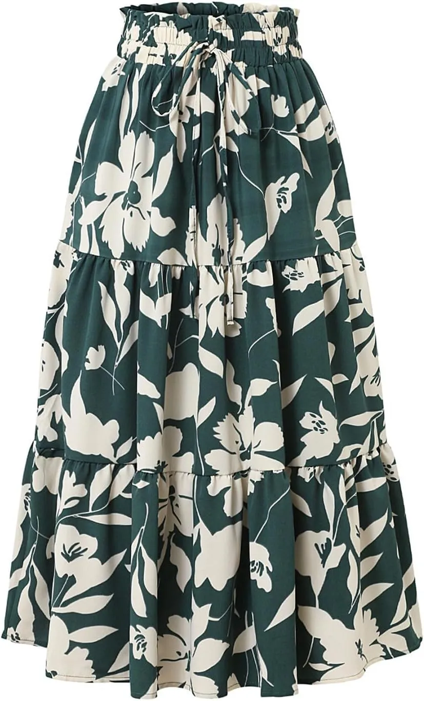 Womens Boho Floral Midi Skirts Elastic High Waist Pleated A-Line Flared Skirt Casual Summer Beach Travel Vacation Outfits