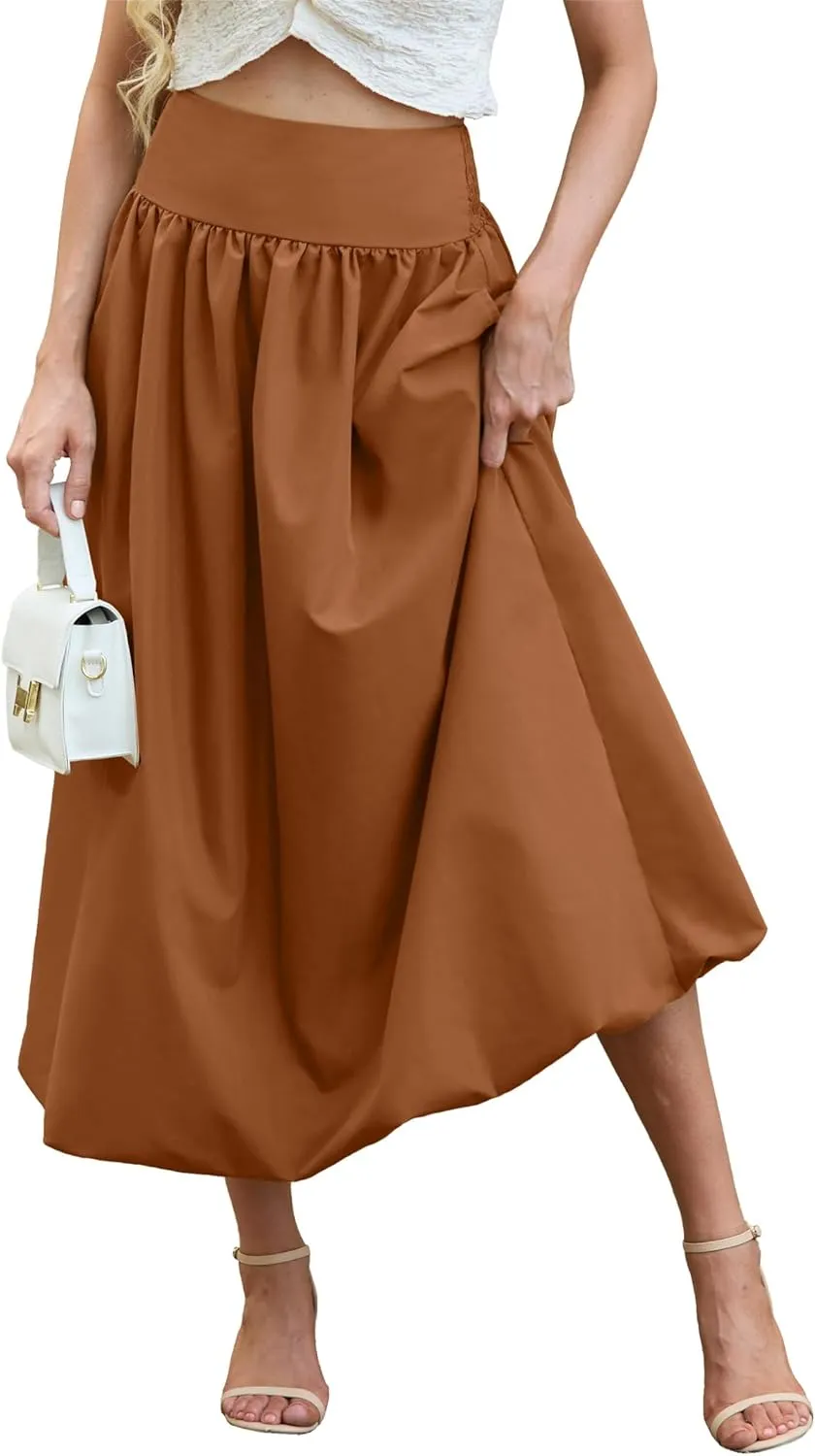 Women's Bubble Long Skirt Elastic Waist A-Line Pleated Ruffle Flowy Balloon Maxi Skirts with Pockets