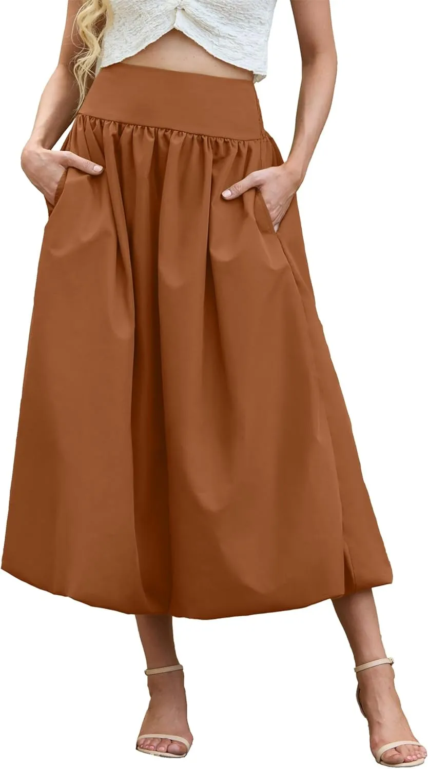 Women's Bubble Long Skirt Elastic Waist A-Line Pleated Ruffle Flowy Balloon Maxi Skirts with Pockets