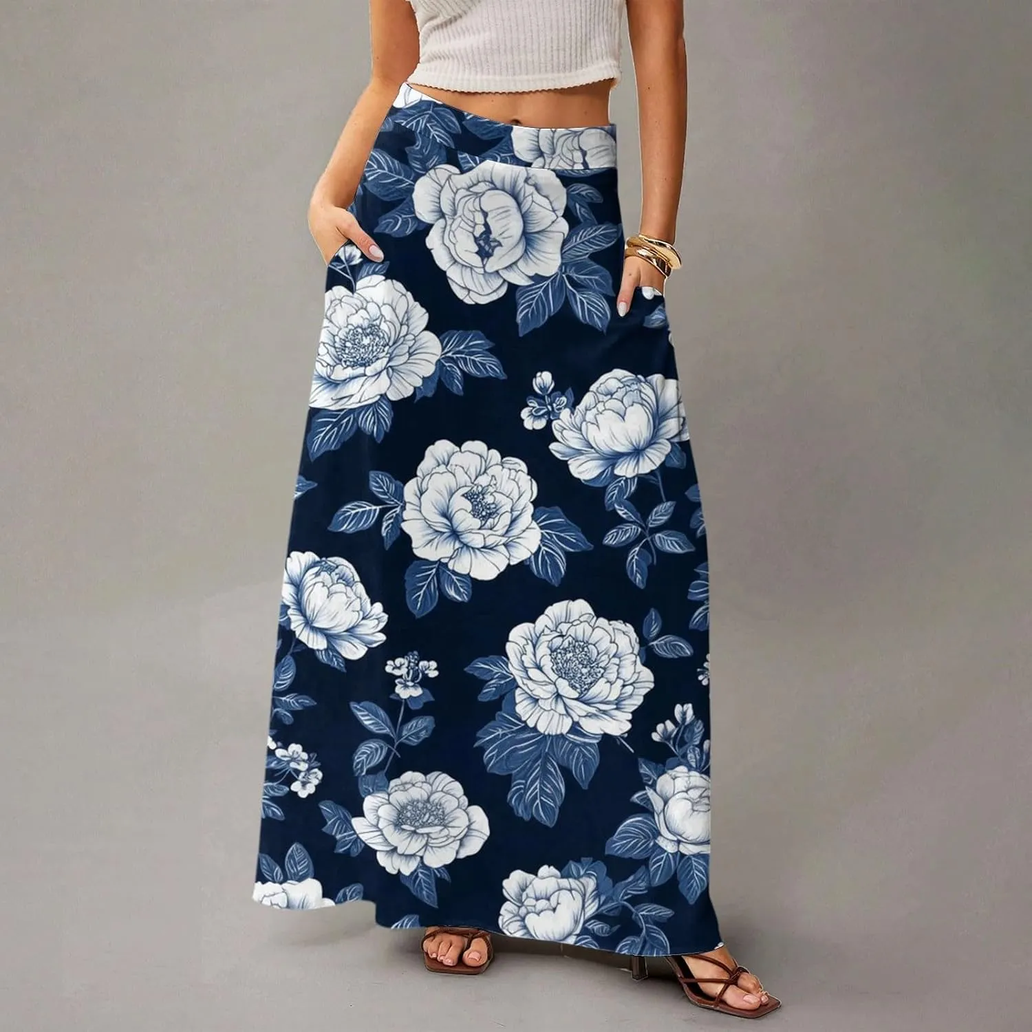 Women's Concert Outfits Skirt Casual Elastic High Waist Maxi Skirts Flowy A Line Beach Sundresses, S-2XL