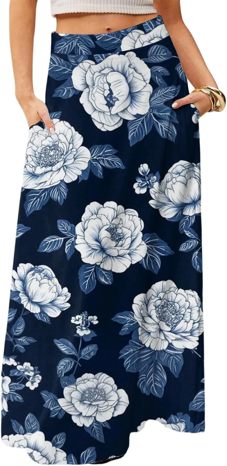 Women's Concert Outfits Skirt Casual Elastic High Waist Maxi Skirts Flowy A Line Beach Sundresses, S-2XL