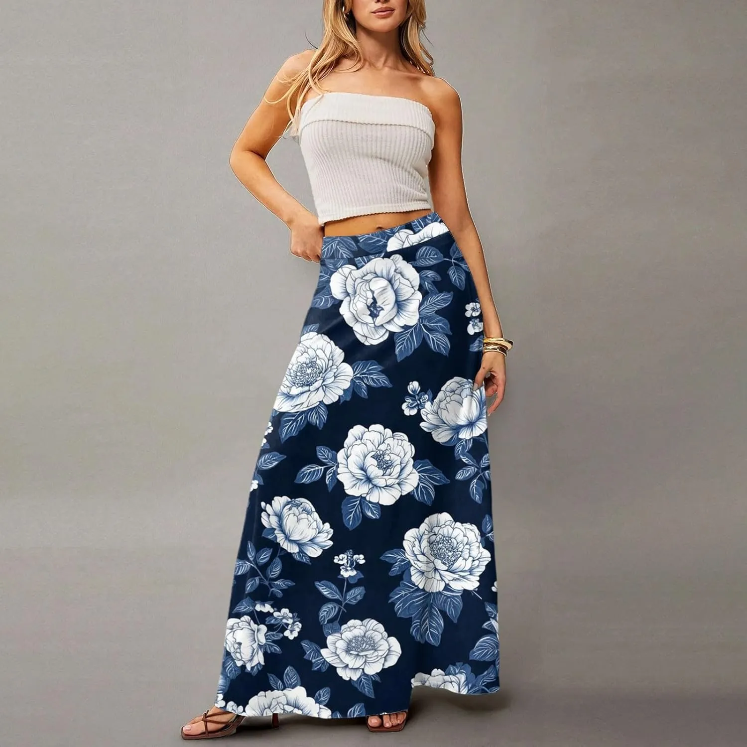 Women's Concert Outfits Skirt Casual Elastic High Waist Maxi Skirts Flowy A Line Beach Sundresses, S-2XL