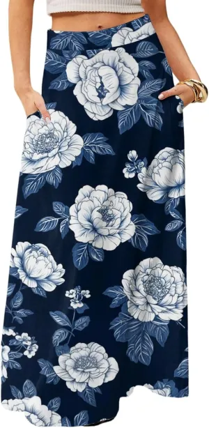 Women's Concert Outfits Skirt Casual Elastic High Waist Maxi Skirts Flowy A Line Beach Sundresses, S-2XL