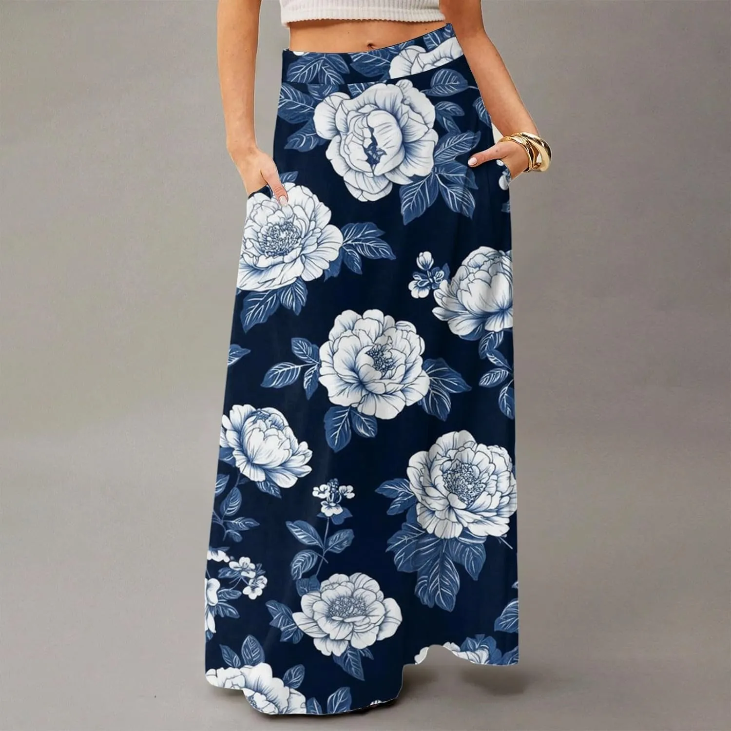Women's Concert Outfits Skirt Casual Elastic High Waist Maxi Skirts Flowy A Line Beach Sundresses, S-2XL