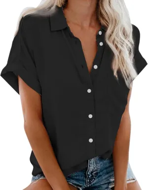 Womens Cotton Linen Button Down Shirts Summer 2025 Roll up Sleeve Oversized Boyfriend Solid Tops Casual Dress Tees