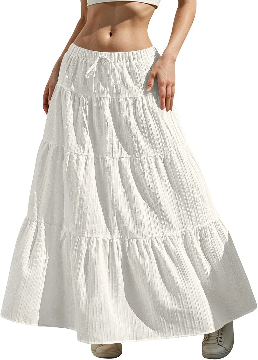 Women's Cotton Linen Skirts Flowy Flared Ruffle Hem A Line Maxi Skirts Elastic Waist Elegant Skirts, S-2XL