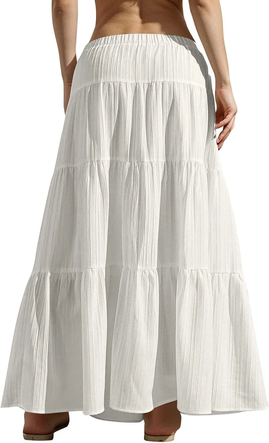 Women's Cotton Linen Skirts Flowy Flared Ruffle Hem A Line Maxi Skirts Elastic Waist Elegant Skirts, S-2XL