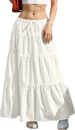 Women's Cotton Linen Skirts Flowy Flared Ruffle Hem A Line Maxi Skirts Elastic Waist Elegant Skirts, S-2XL