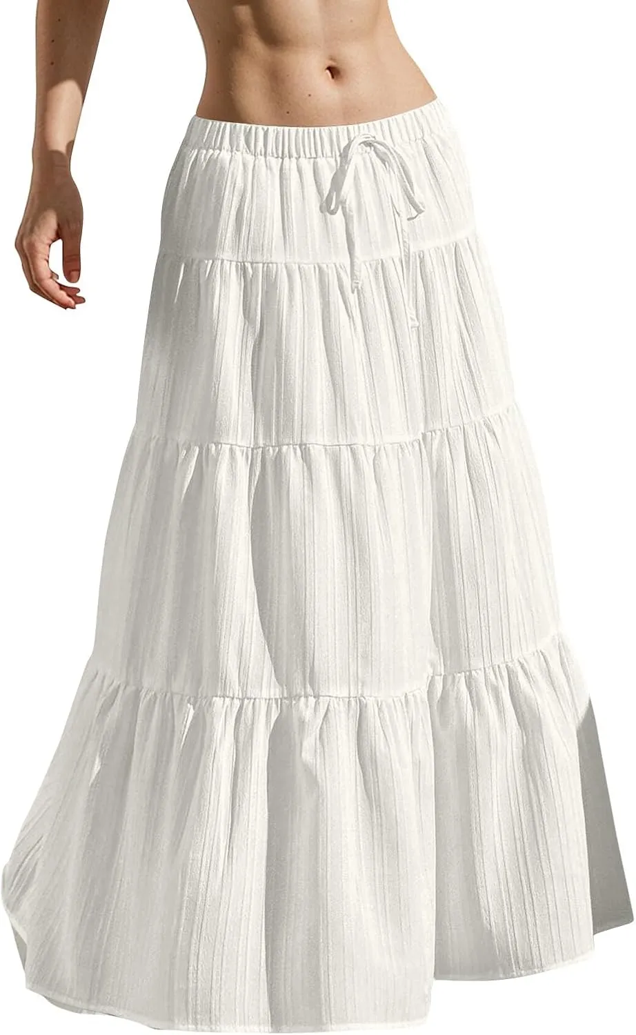 Women's Cotton Linen Skirts Flowy Flared Ruffle Hem A Line Maxi Skirts Elastic Waist Elegant Skirts, S-2XL