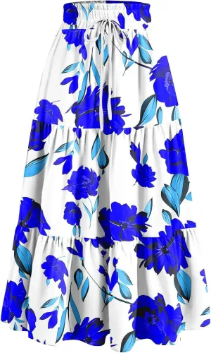 Women's Dresses Boho Floral Skirt Casual Elastic High Waist Maxi Skirts Flowy A Line Beach Long Skirt Dresses