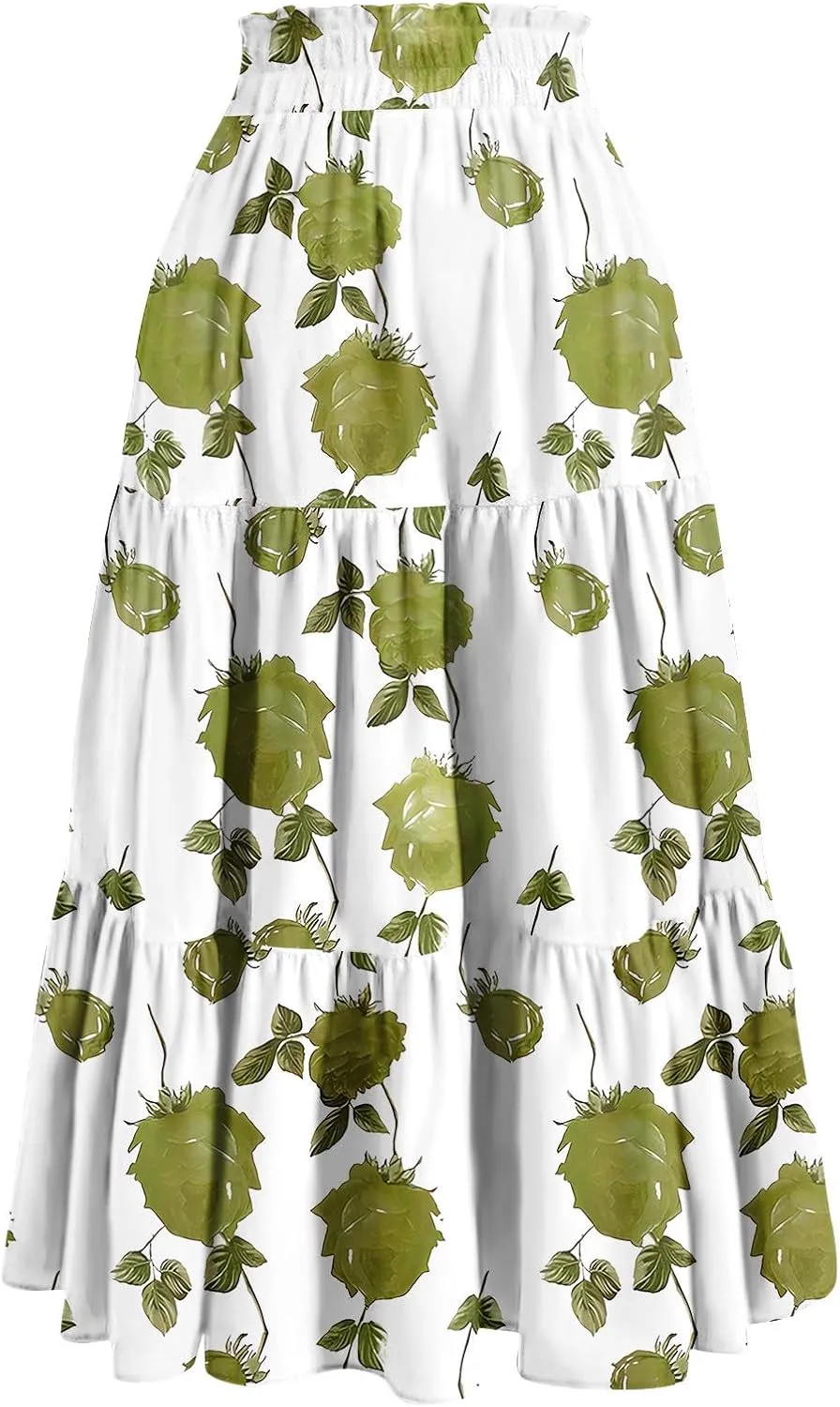 Women's Dresses Boho Floral Skirt Casual Elastic High Waist Maxi Skirts Flowy A Line Beach Long Skirt Dresses