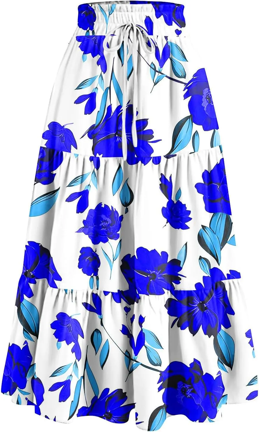 Women's Dresses Boho Floral Skirt Casual Elastic High Waist Maxi Skirts Flowy A Line Beach Long Skirt Dresses