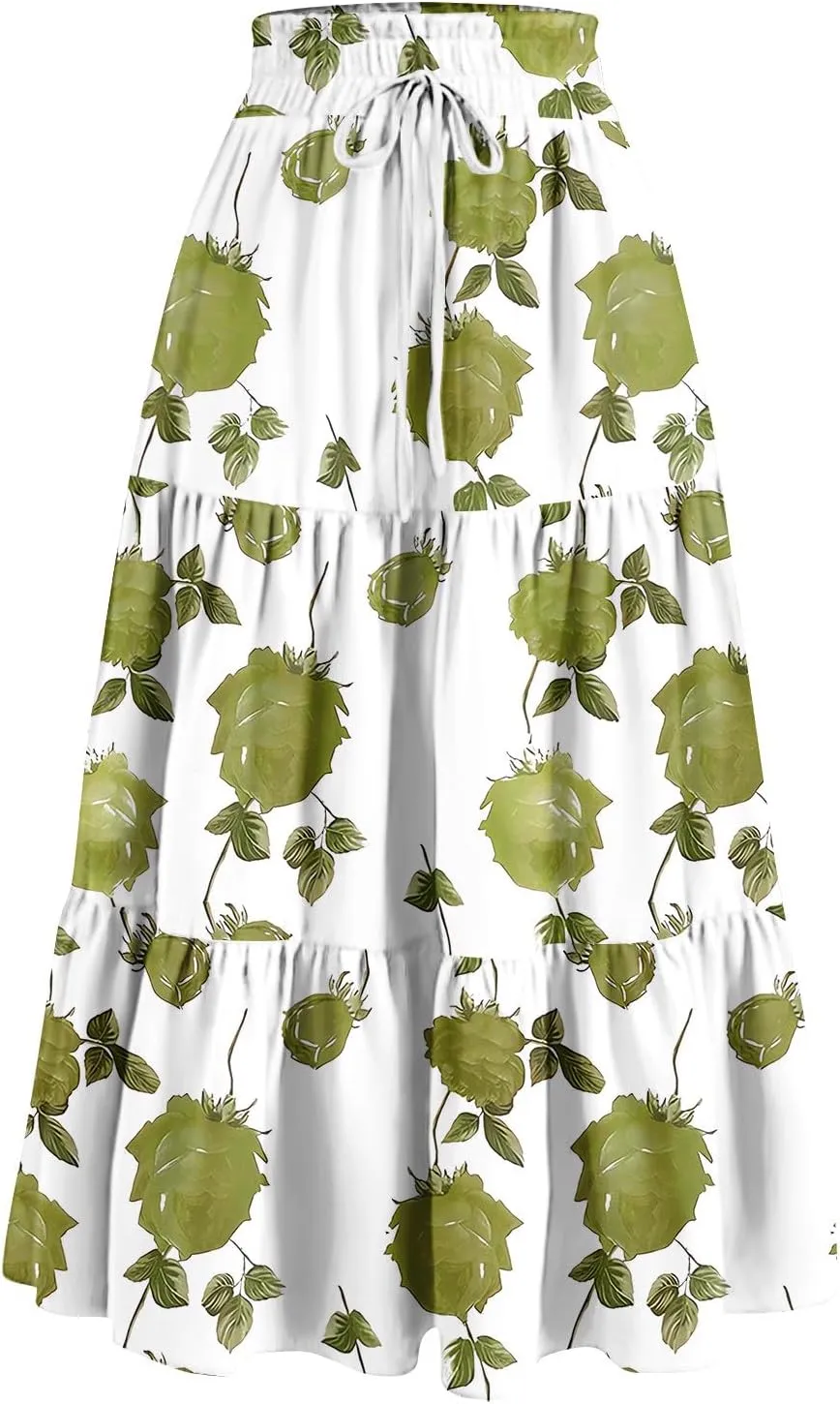Women's Dresses Boho Floral Skirt Casual Elastic High Waist Maxi Skirts Flowy A Line Beach Long Skirt Dresses