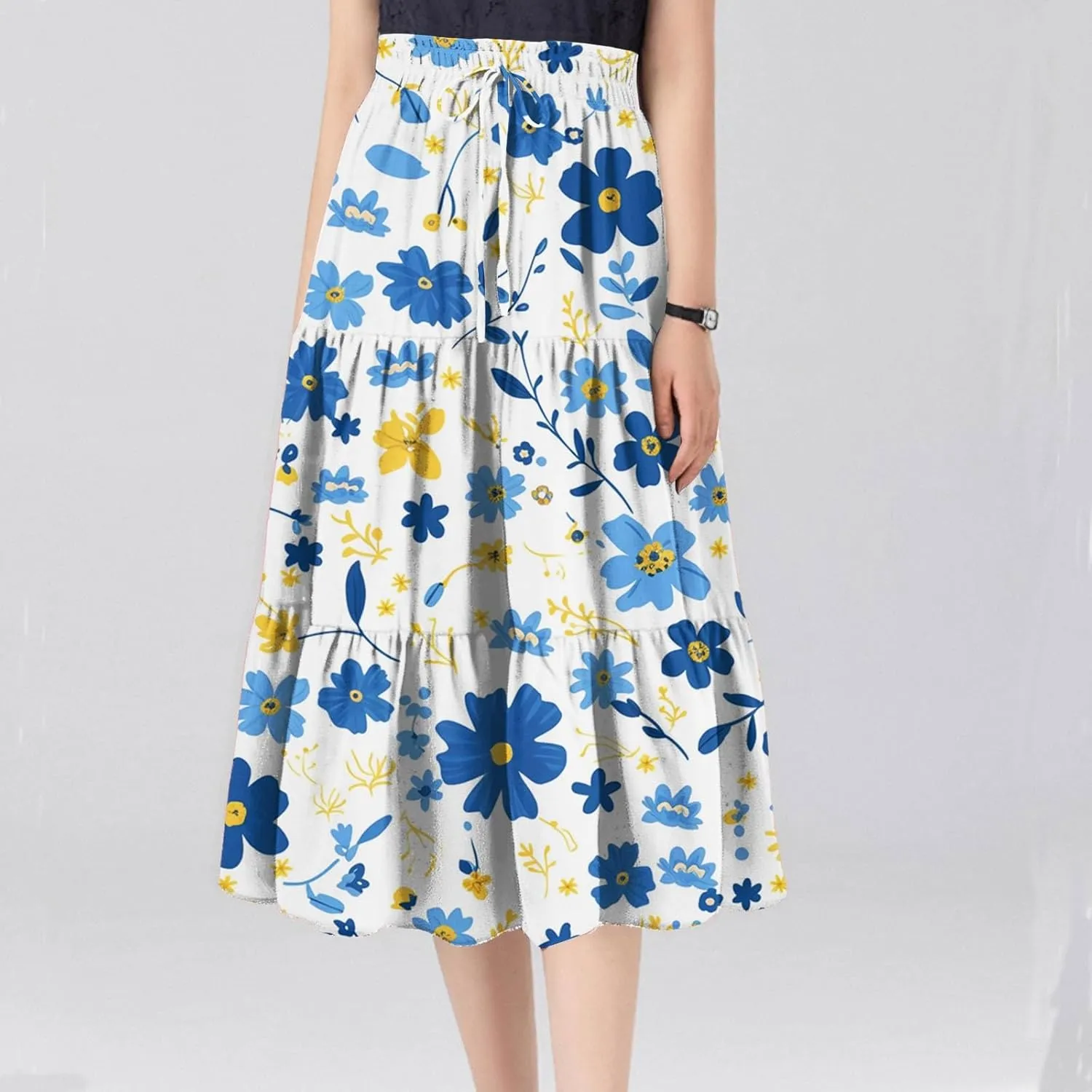 Women's Elastic High Waist Floral Print Tie Knot Pleated Flared Boho A-Line Midi Skirts, S-XL