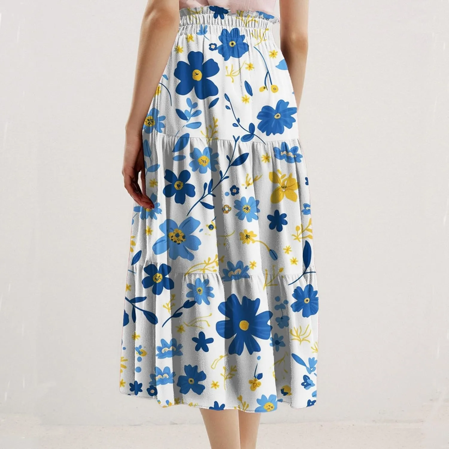 Women's Elastic High Waist Floral Print Tie Knot Pleated Flared Boho A-Line Midi Skirts, S-XL