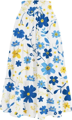 Women's Elastic High Waist Floral Print Tie Knot Pleated Flared Boho A-Line Midi Skirts, S-XL