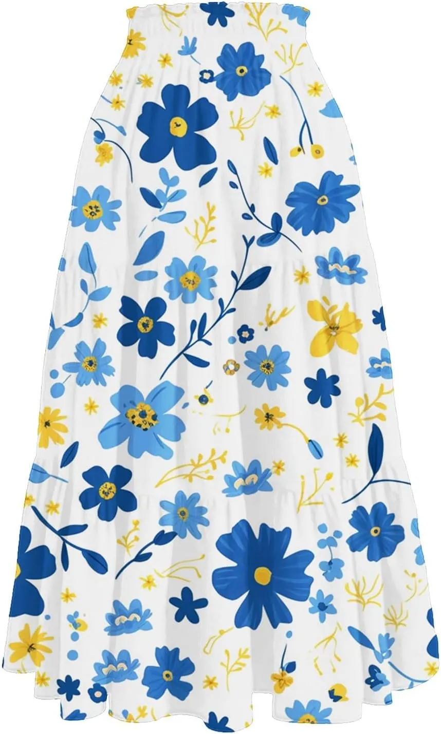 Women's Elastic High Waist Floral Print Tie Knot Pleated Flared Boho A-Line Midi Skirts, S-XL