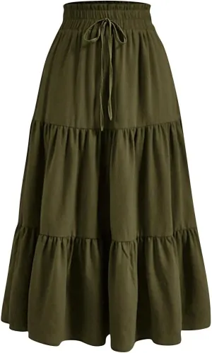 Womens Elastic High Waist Midi Skirt Flowy Ruffle Tie Front A Line Skirts Casual Summer Trendy Floral Tiered Skirt