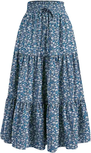 Womens Elastic High Waist Midi Skirt Flowy Ruffle Tie Front A Line Skirts Casual Summer Trendy Floral Tiered Skirt