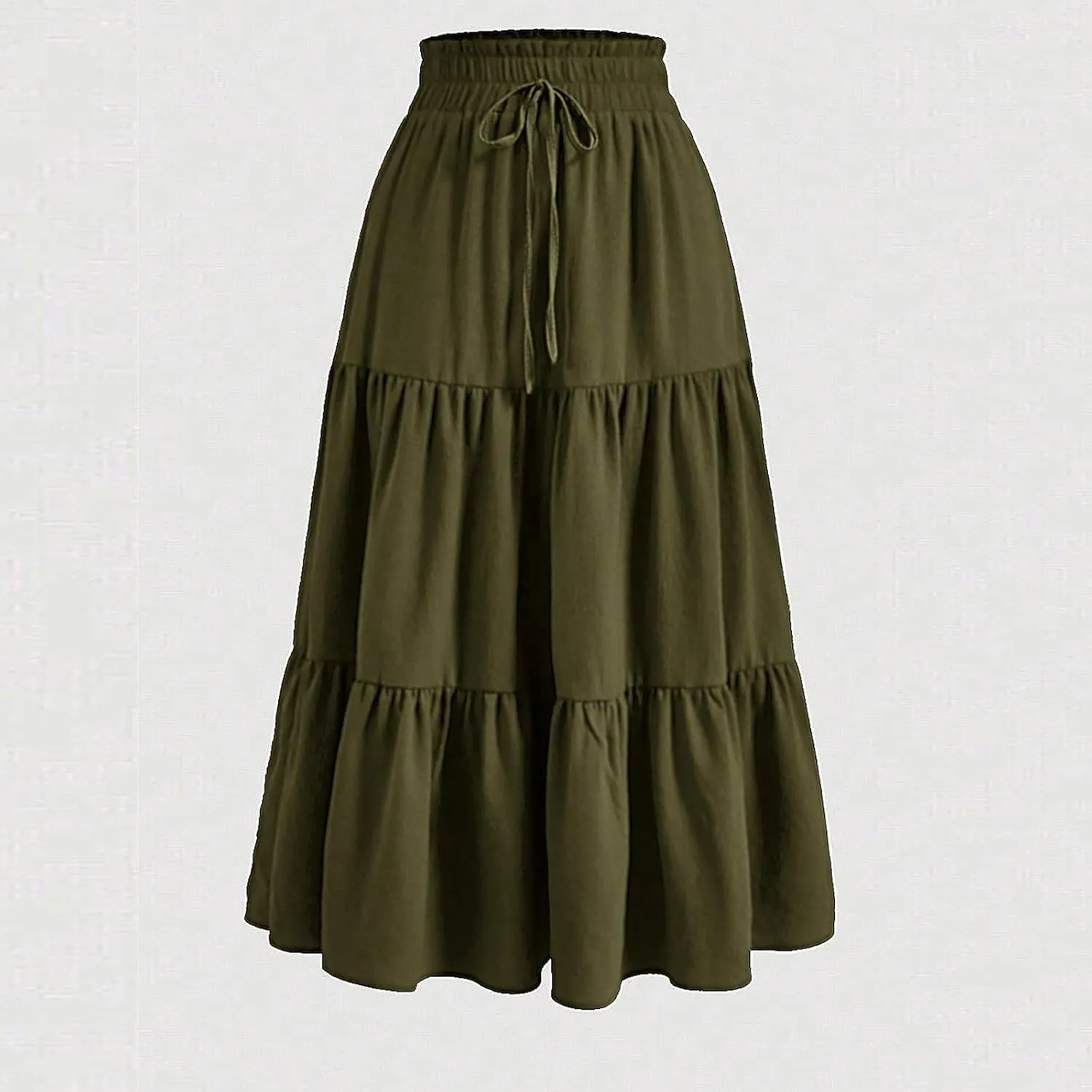 Womens Elastic High Waist Midi Skirt Flowy Ruffle Tie Front A Line Skirts Casual Summer Trendy Floral Tiered Skirt