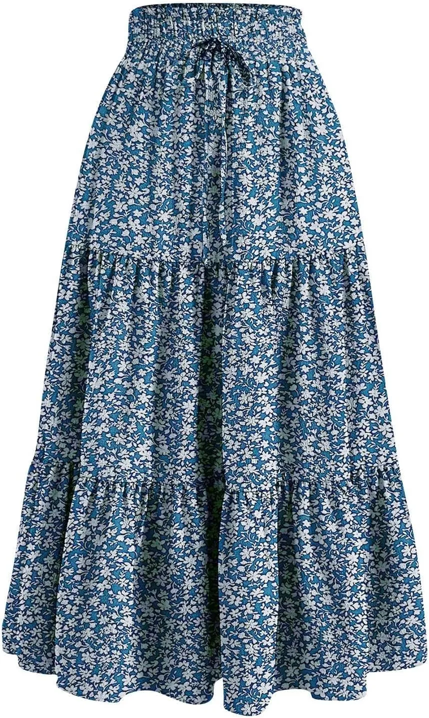 Womens Elastic High Waist Midi Skirt Flowy Ruffle Tie Front A Line Skirts Casual Summer Trendy Floral Tiered Skirt