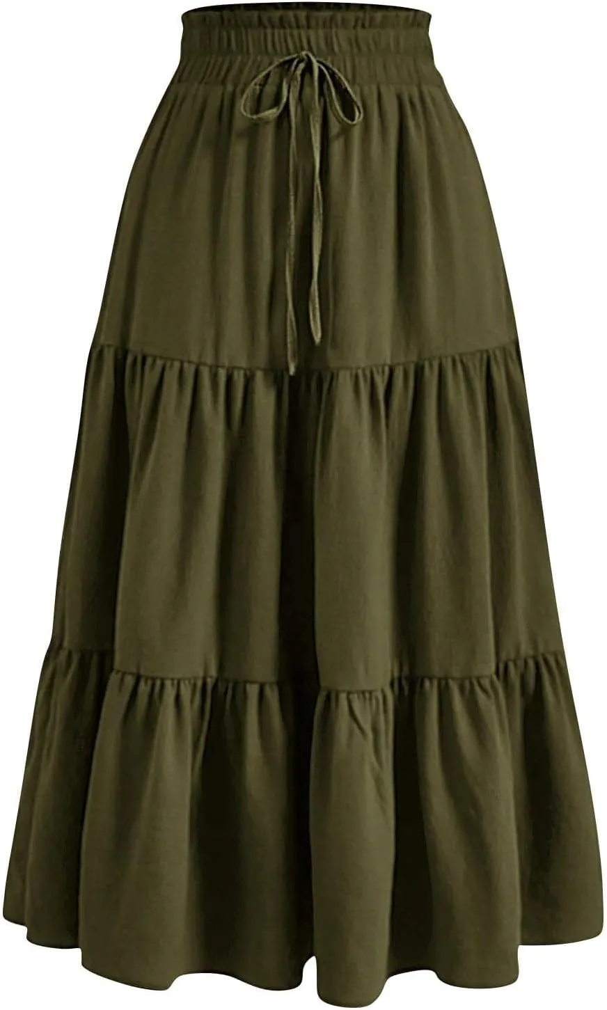 Womens Elastic High Waist Midi Skirt Flowy Ruffle Tie Front A Line Skirts Casual Summer Trendy Floral Tiered Skirt