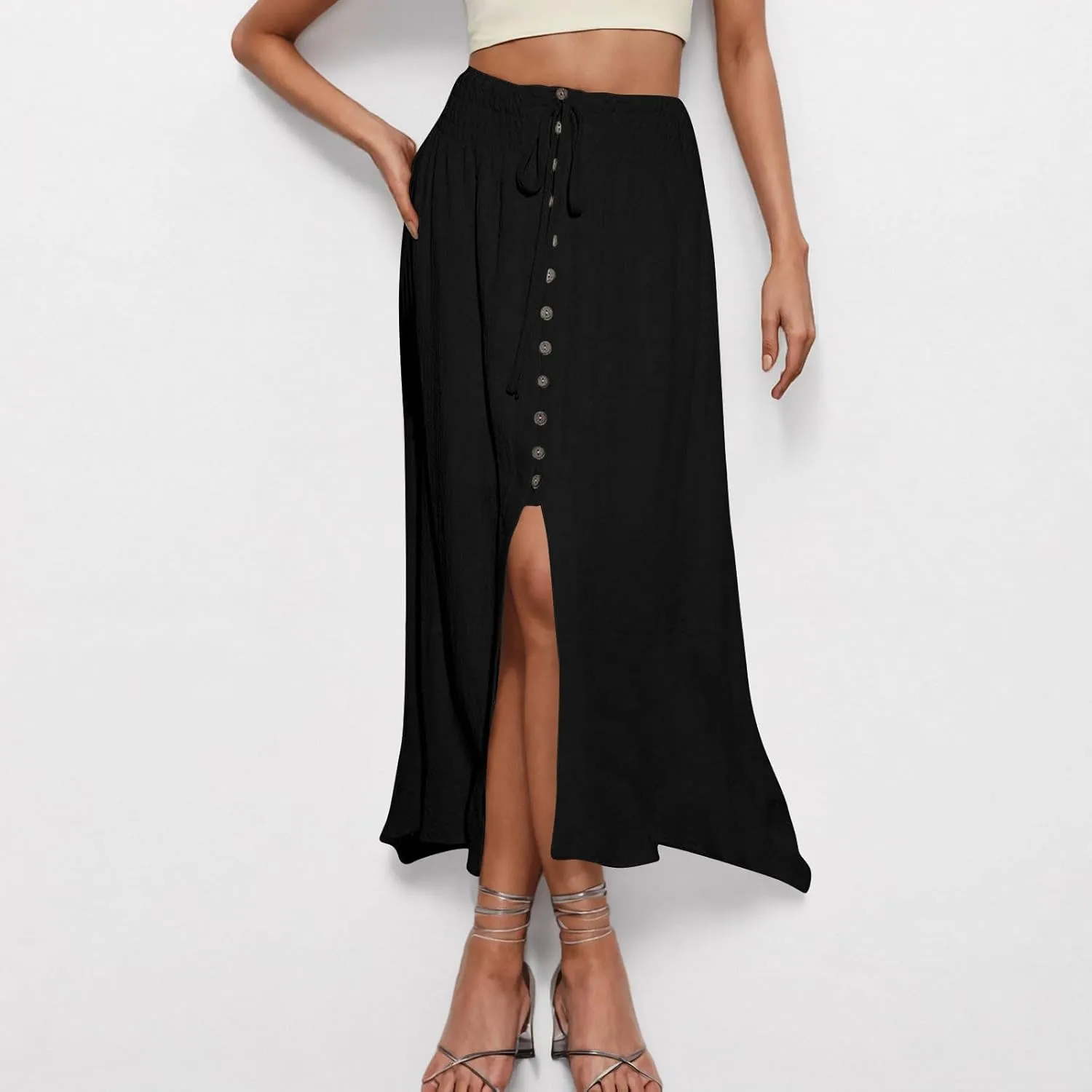 Women's Elastic Tie Waist Button Down Maxi Skirts Casual Loose Fashion Flowy Swing Slit Front Long Skirts 2025
