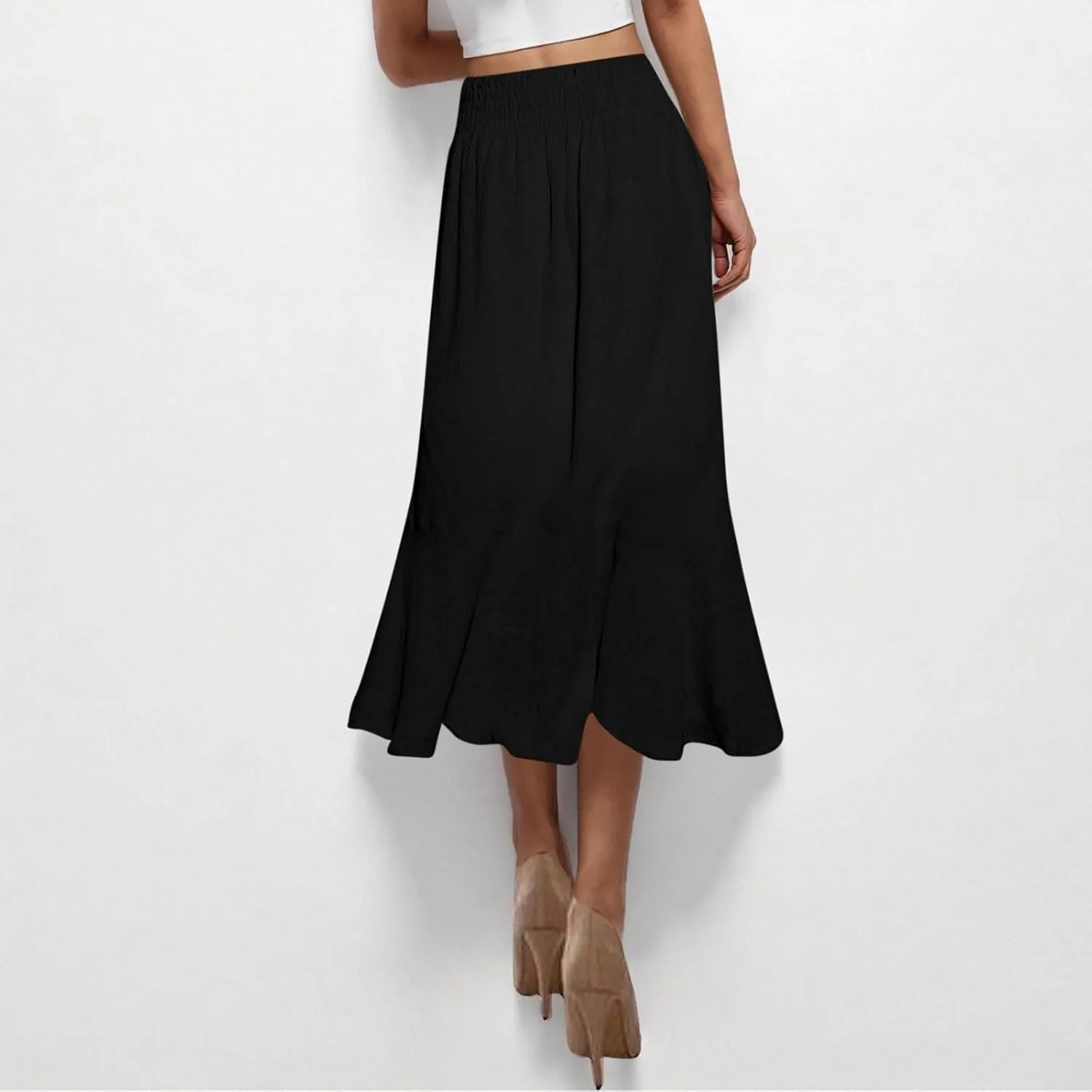 Women's Elastic Tie Waist Button Down Maxi Skirts Casual Loose Fashion Flowy Swing Slit Front Long Skirts 2025