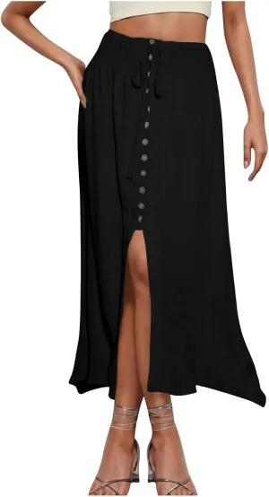Women's Elastic Tie Waist Button Down Maxi Skirts Casual Loose Fashion Flowy Swing Slit Front Long Skirts 2025