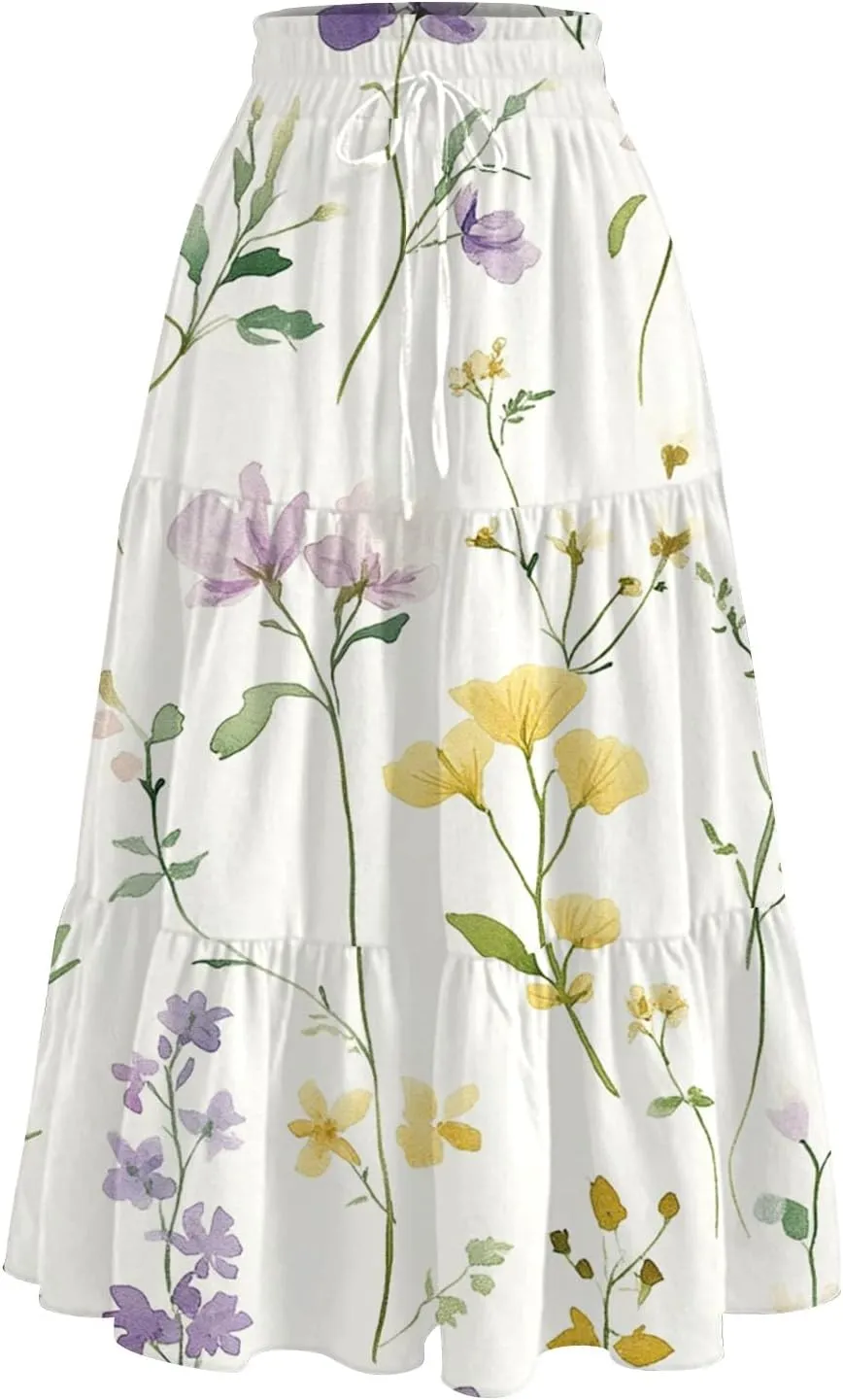 Women's Flowy Midi Skirt 2025 Summer High Waisted Tie Print Smocked Beach Long Skirts with Pockets, S-2XL