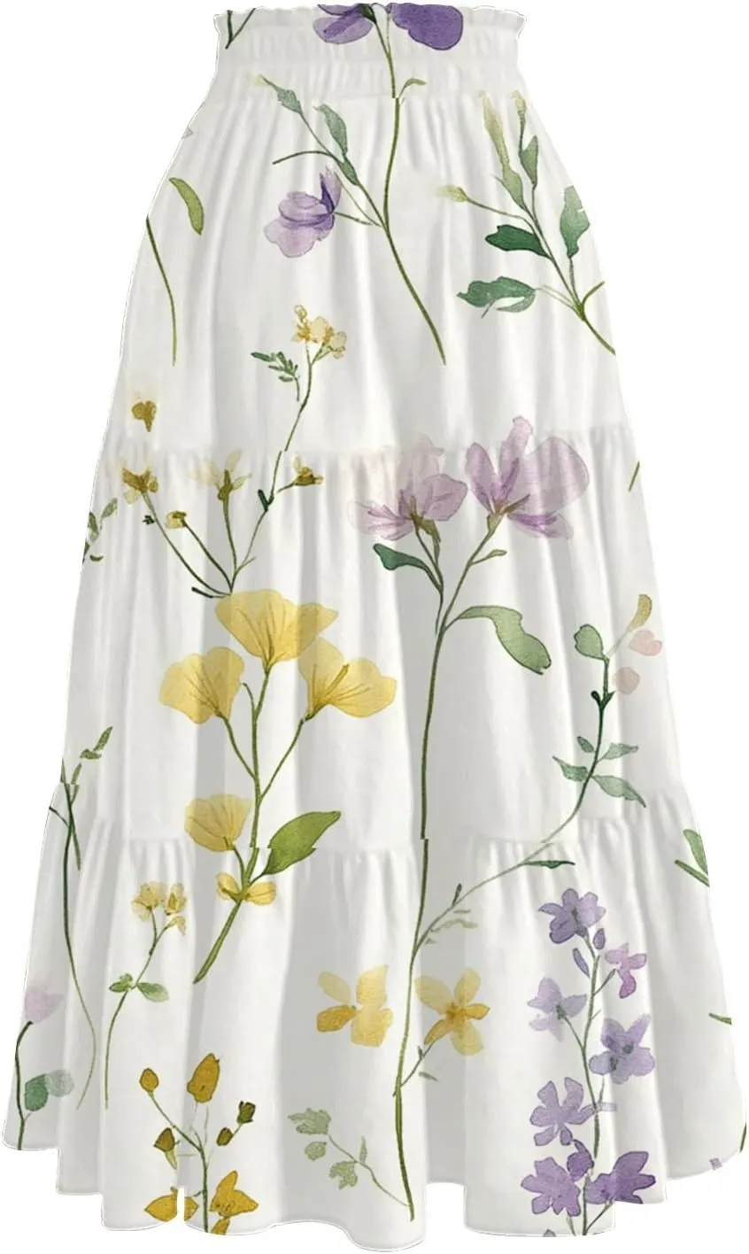 Women's Flowy Midi Skirt 2025 Summer High Waisted Tie Print Smocked Beach Long Skirts with Pockets, S-2XL