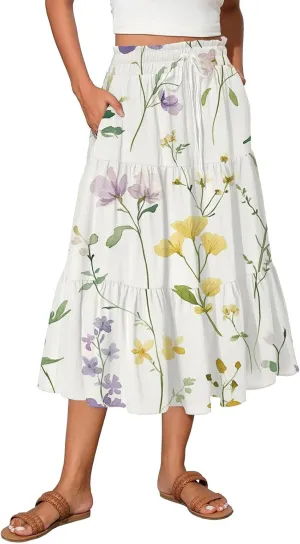 Women's Flowy Midi Skirt 2025 Summer High Waisted Tie Print Smocked Beach Long Skirts with Pockets, S-2XL