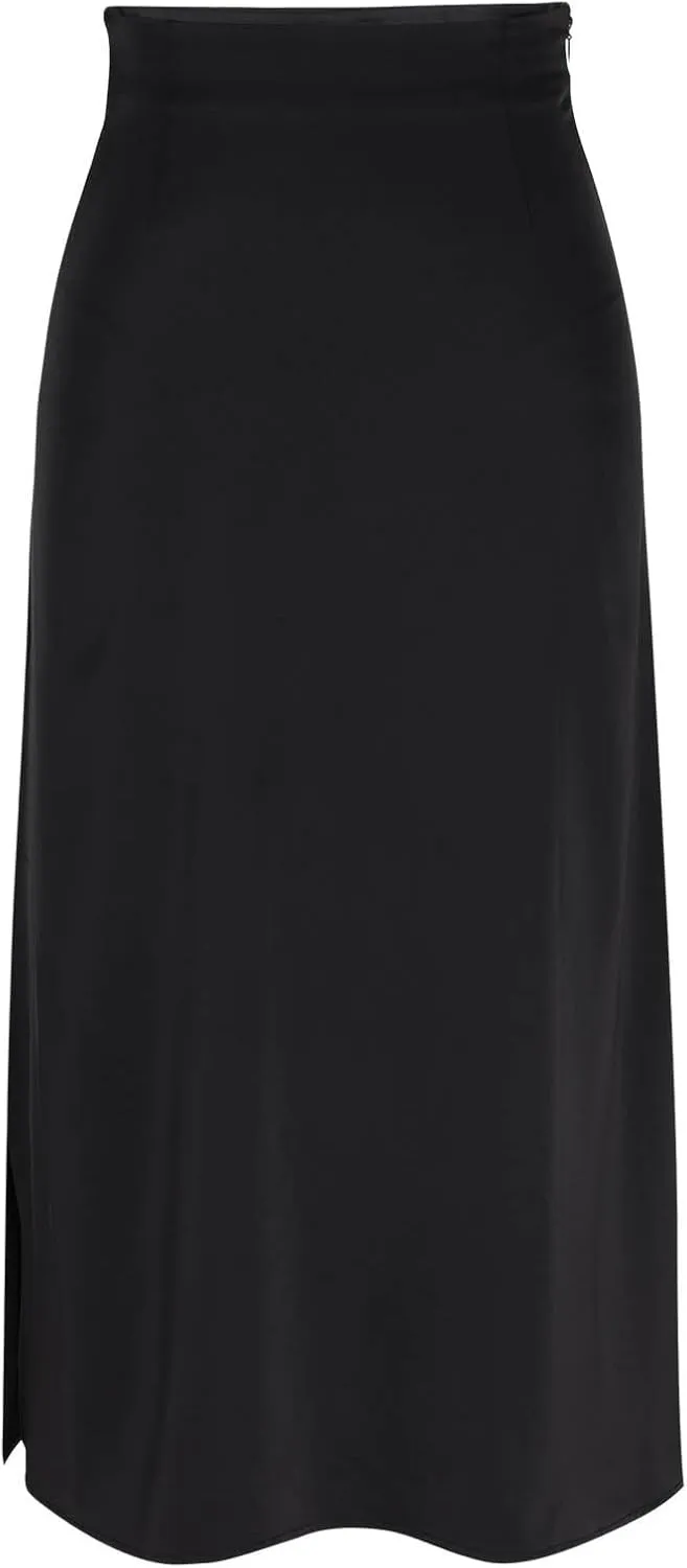 Women's Formal Satin Pencil Skirt High Waist Side Slit Drape Suit Long Skirt Zipper Midi Bodycon Skirt for Work Business