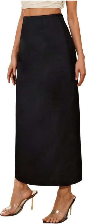 Women's Formal Satin Pencil Skirt High Waist Side Slit Drape Suit Long Skirt Zipper Midi Bodycon Skirt for Work Business