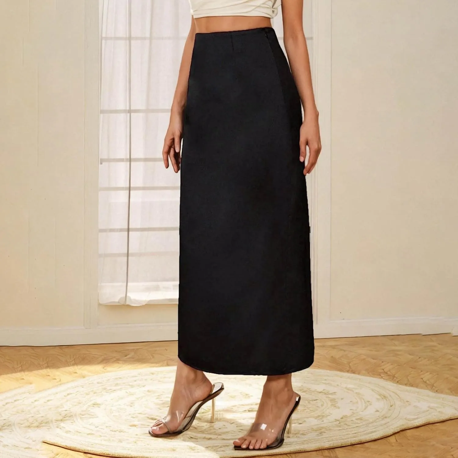 Women's Formal Satin Pencil Skirt High Waist Side Slit Drape Suit Long Skirt Zipper Midi Bodycon Skirt for Work Business