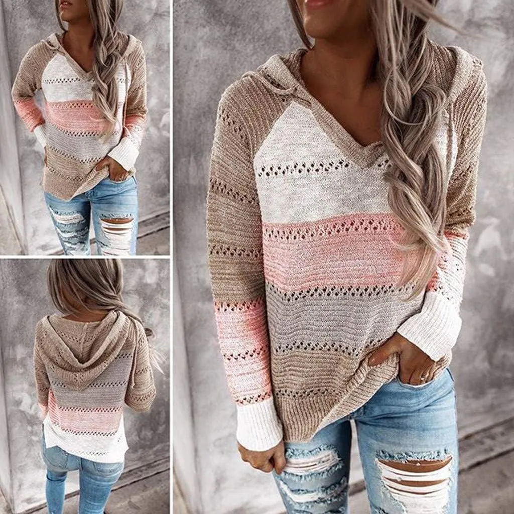 Womens Hoodies Striped Color Block V Neck Knit Fall Pullover Sweater Loose Long Sleeve Drawstring Sweatshirts Tops