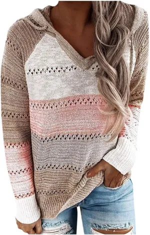 Womens Hoodies Striped Color Block V Neck Knit Fall Pullover Sweater Loose Long Sleeve Drawstring Sweatshirts Tops