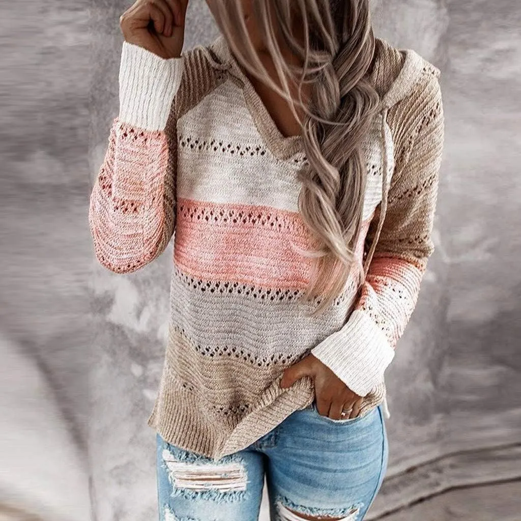 Womens Hoodies Striped Color Block V Neck Knit Fall Pullover Sweater Loose Long Sleeve Drawstring Sweatshirts Tops