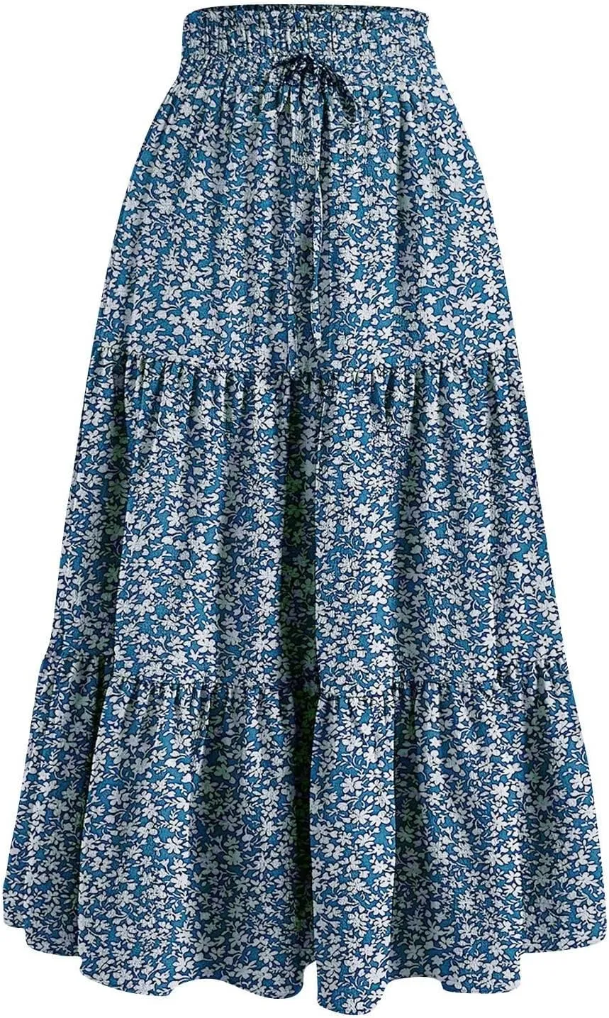 Womens Maxi Skirt Boho High Waisted Tiered Ruffle Floral Skirt Trendy Summer Flowy A Line Beach Skirt Cruise Outfits