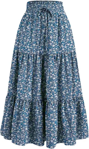 Womens Maxi Skirt Boho High Waisted Tiered Ruffle Floral Skirt Trendy Summer Flowy A Line Beach Skirt Cruise Outfits