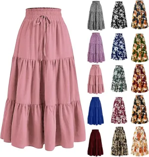 Womens Maxi Skirt Boho High Waisted Tiered Ruffle Floral Skirt Trendy Summer Flowy A Line Beach Skirt Cruise Outfits