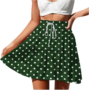 Women's Mini Skirts Summer Floral High Waist Ruffle Drawstring Tie Polka Dots Short Skirt Flowy Beach Skirts
