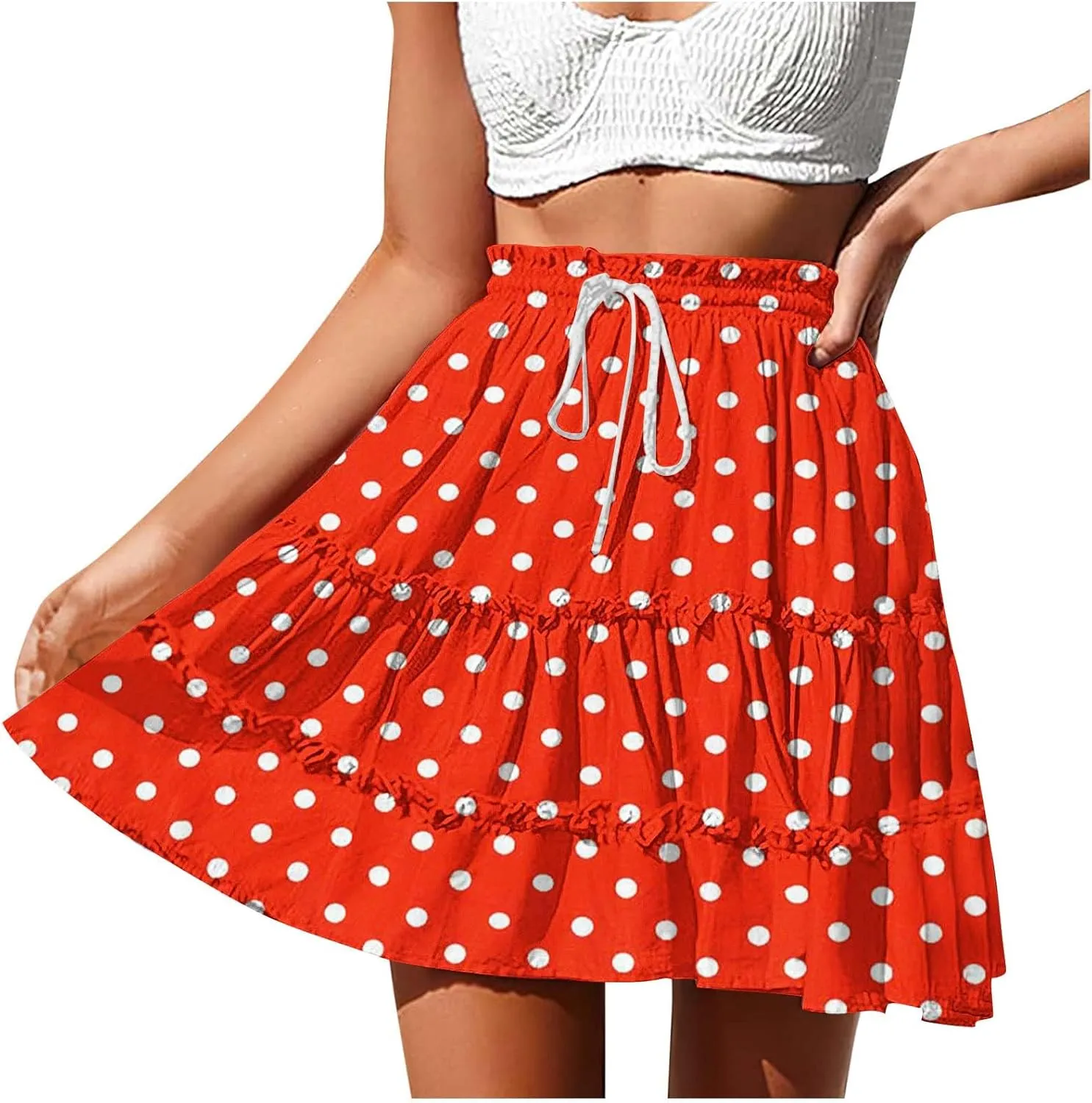 Women's Mini Skirts Summer Floral High Waist Ruffle Drawstring Tie Polka Dots Short Skirt Flowy Beach Skirts