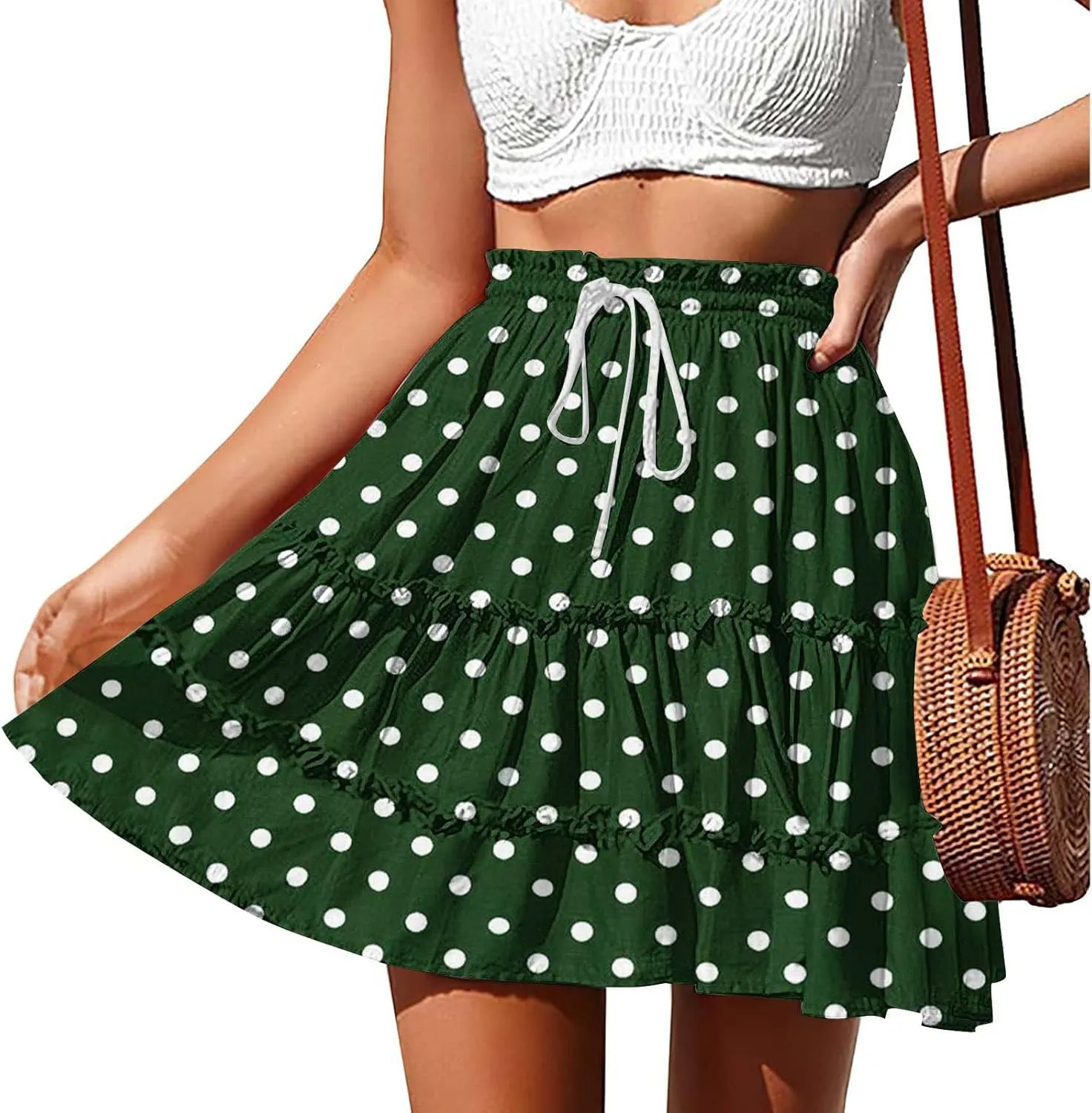 Women's Mini Skirts Summer Floral High Waist Ruffle Drawstring Tie Polka Dots Short Skirt Flowy Beach Skirts