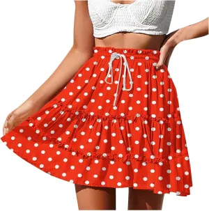 Women's Mini Skirts Summer Floral High Waist Ruffle Drawstring Tie Polka Dots Short Skirt Flowy Beach Skirts