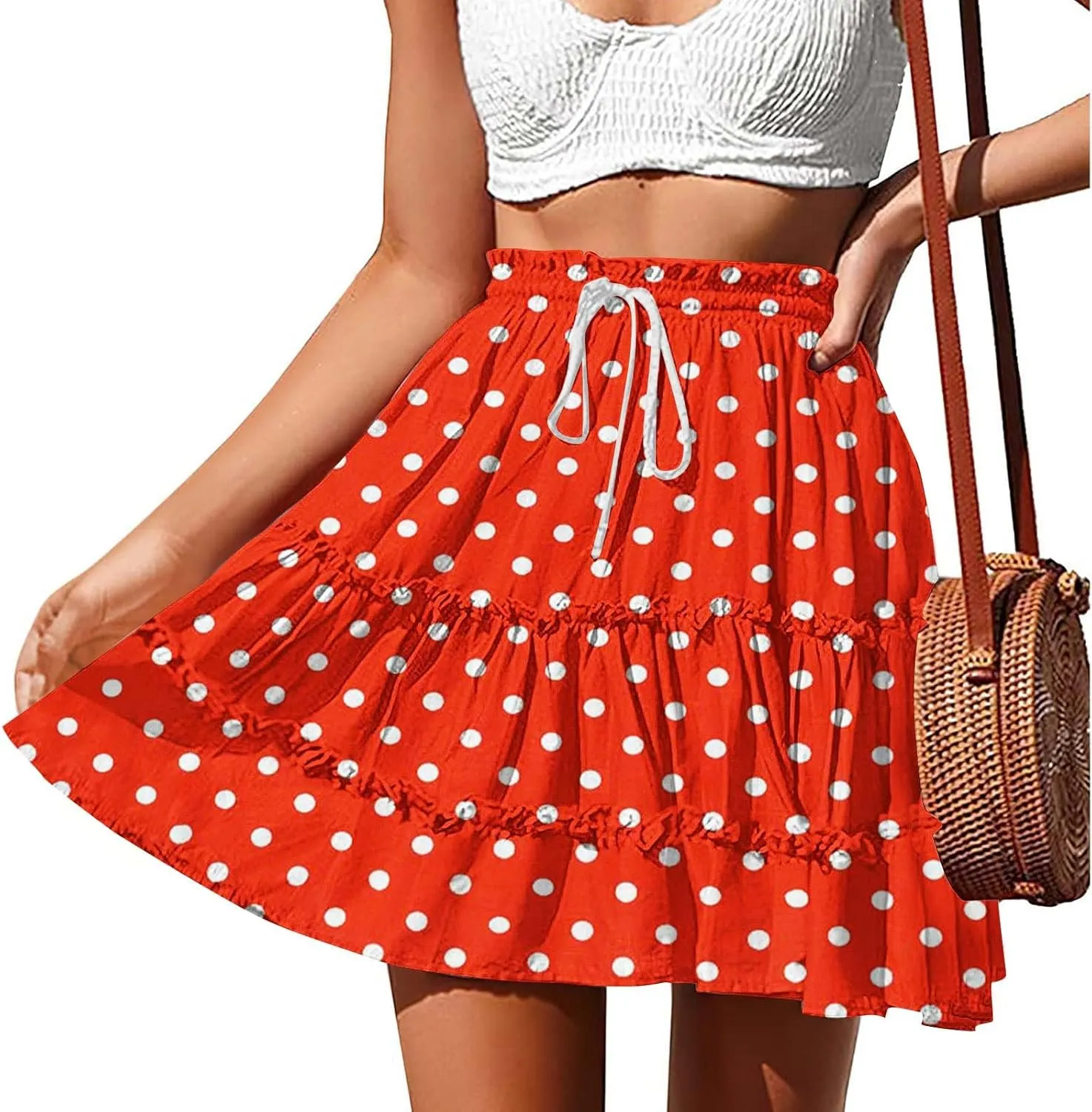 Women's Mini Skirts Summer Floral High Waist Ruffle Drawstring Tie Polka Dots Short Skirt Flowy Beach Skirts